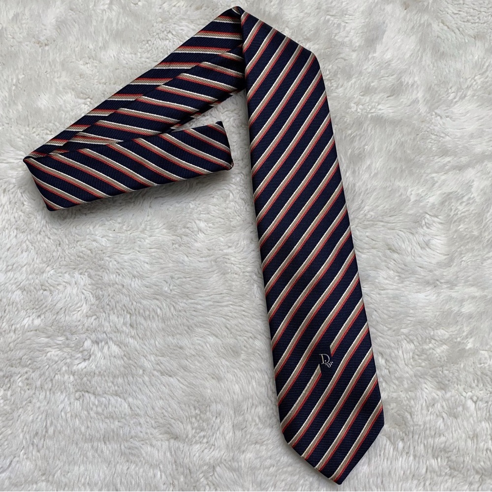 Vintage Christian Dior Logo Men’s 100% Silk Striped Blue Tan Tie - Picture 2 of 6